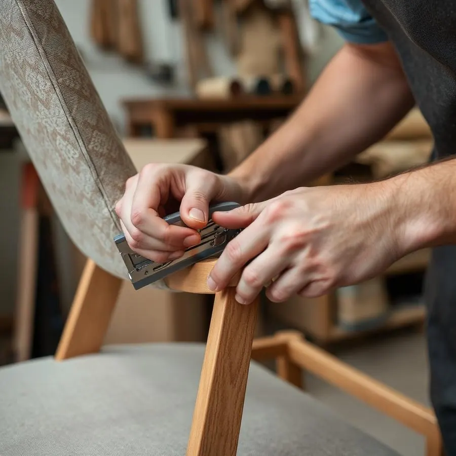 Fabric being stapled to a chair frame in the shop