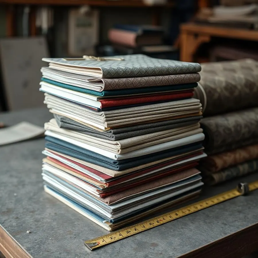 Upholstery fabric swatch books on a workbench